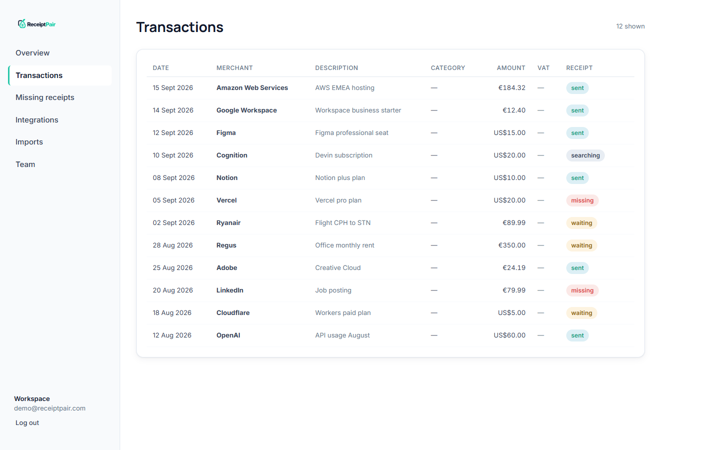 A Receipt Pair workspace listing transactions with receipt statuses: sent, searching, waiting, and missing