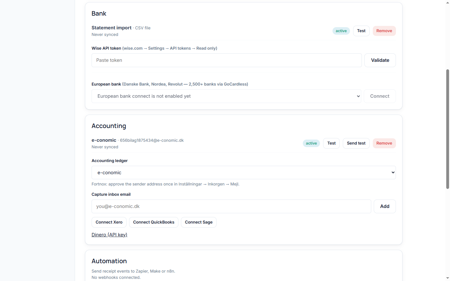 Receipt Pair integrations screen with bank, inbox and accounting connections