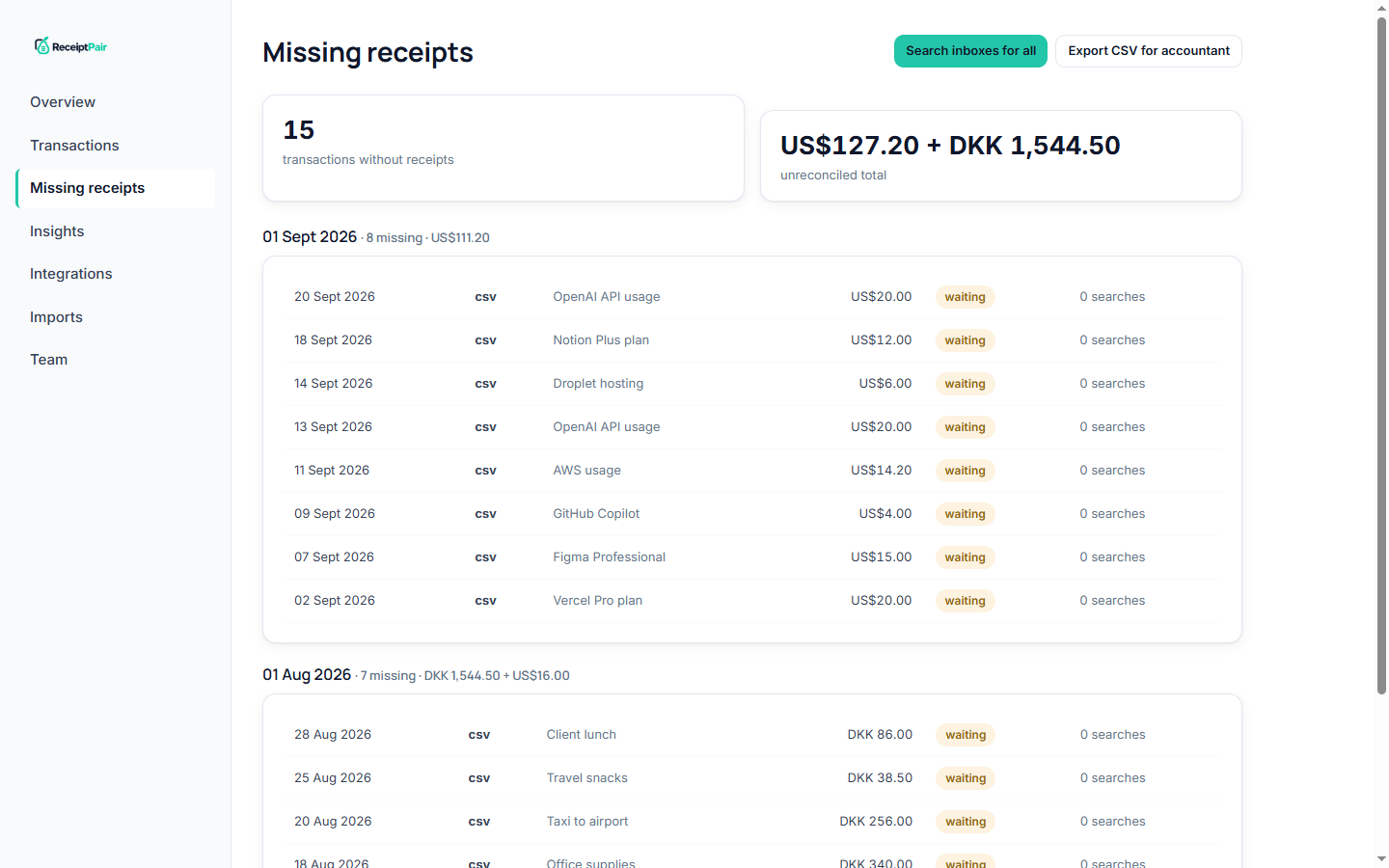 Receipt Pair missing receipts report showing unresolved transactions